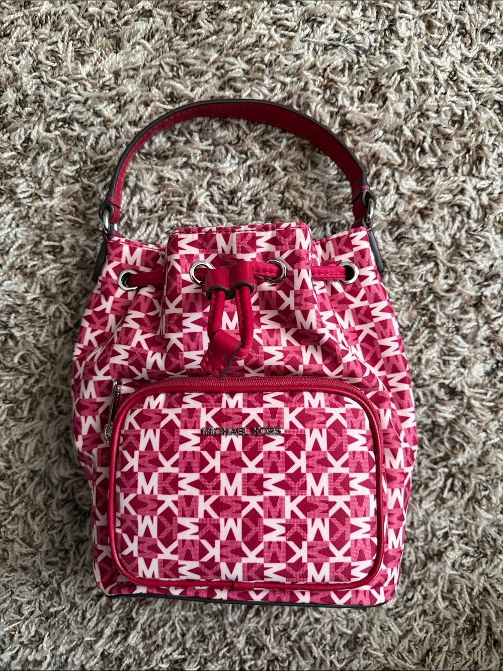 Michael Kors Hot Pink and White MK Monogram Drawstring Bucket Bag